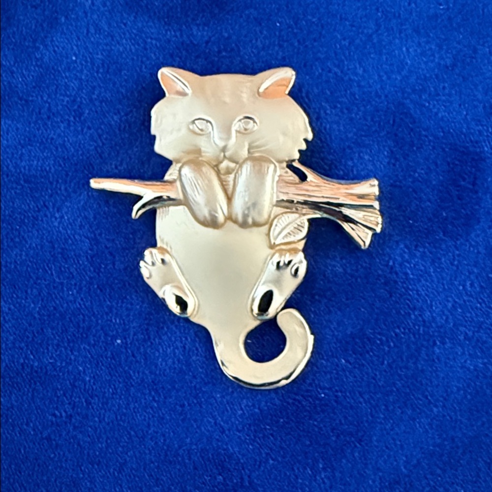 Brushed Gold Cat on Branch Pet Brooch - Silver Cat Pin